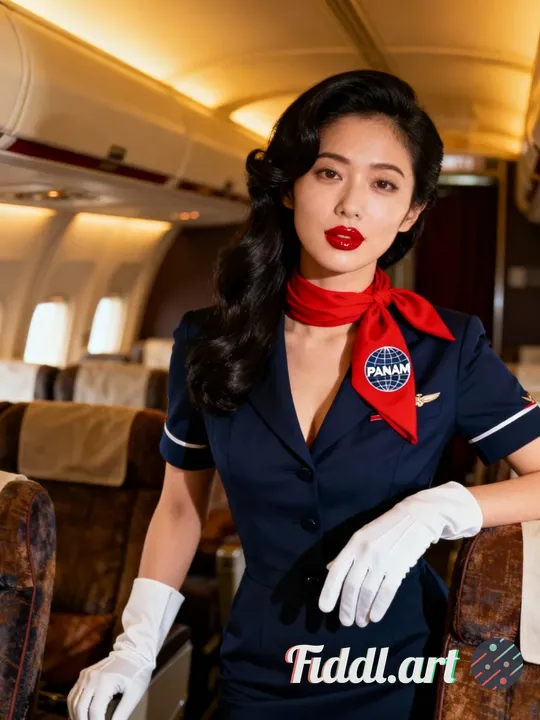 portrait of a sensual japanese stewardess on PAN AM AIRWAYS. natural lighting, cozy background, mood