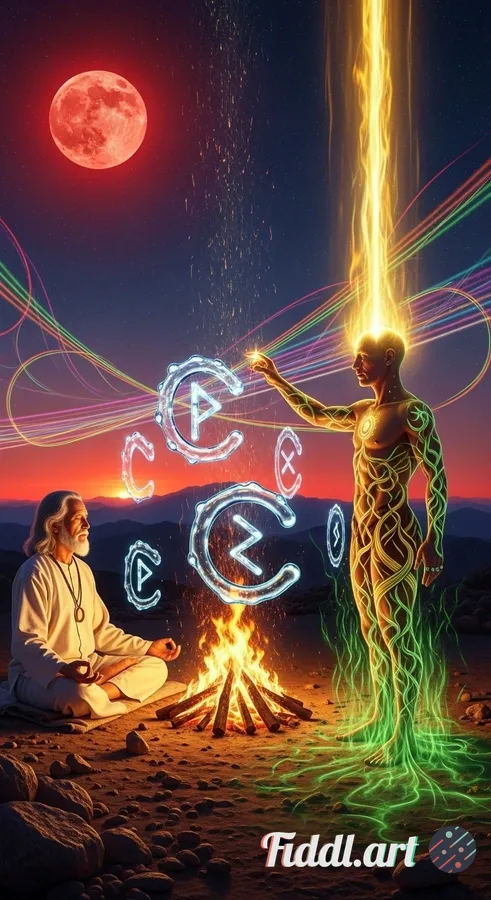 A visionary psychedelic scene unfolds on a desert-like mountaintop beneath a glowing full moon that 