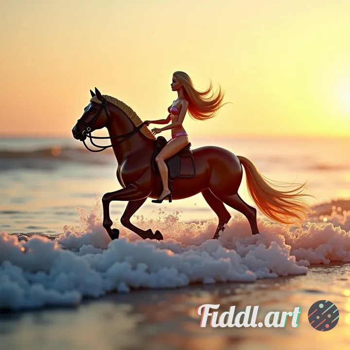 Use Barbie model and use golden hour low light ultra realistic image of barbie on horse back riding 