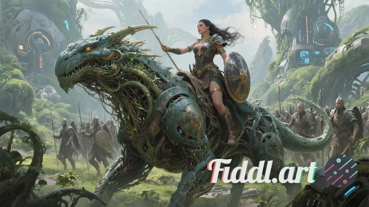 An ancient warrior princess atop a majestic bio-engineered creature, leading her army through a lush