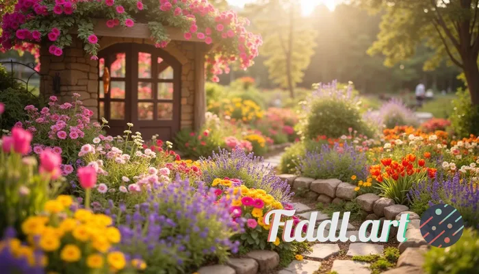 place Barbie model A whimsical garden where flowers morph colors and shapes reflecting visitors' emo