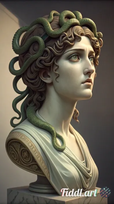 Portrait of Medusa from the bust up. Her expression is one of innocent curiosity, but each snake in 