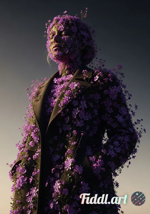 Media Index 0 | Low angle surreal conceptual portrait of a female figure entirely made of lush purple flowers and bl