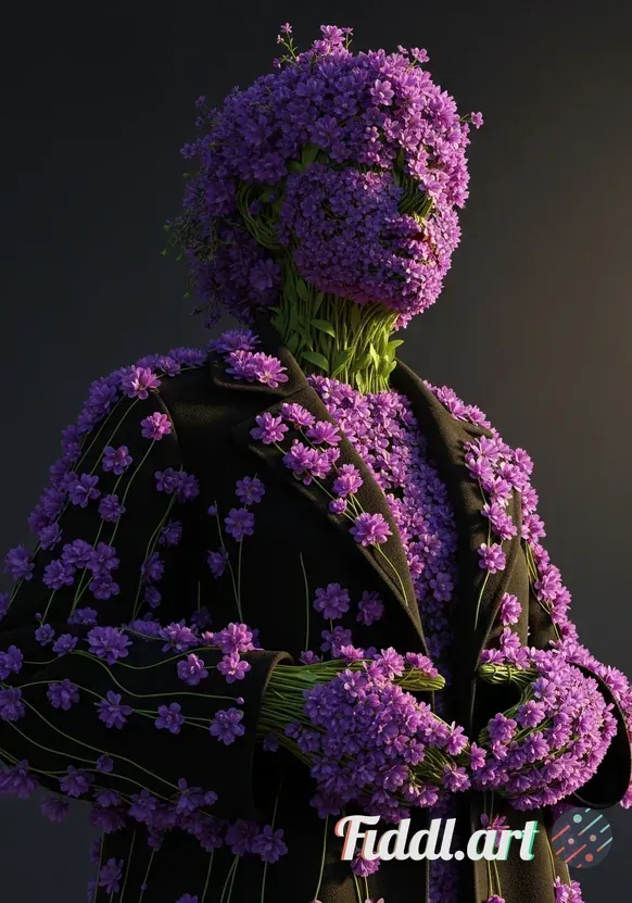 Media Index 0 | Low angle surreal conceptual portrait of a female figure entirely made of lush purple flowers and bl
