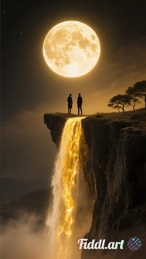 A surreal, cinematic landscape where a **giant glowing full moon** sits on the lip of a high cliff a