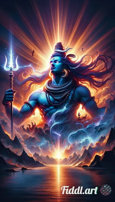 Epic, vibrant cinematic portrait of a colossal Lord Shiva, his figure towering over mountain peaks a