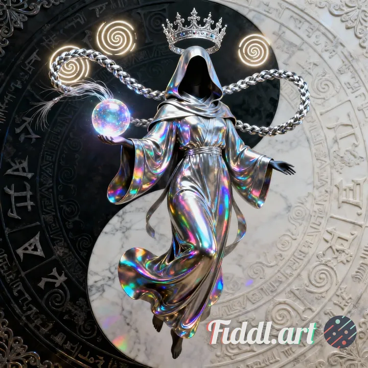 a faceless monk in a veiled robe reflect outward, she summon the creation within hold a glowing sphe