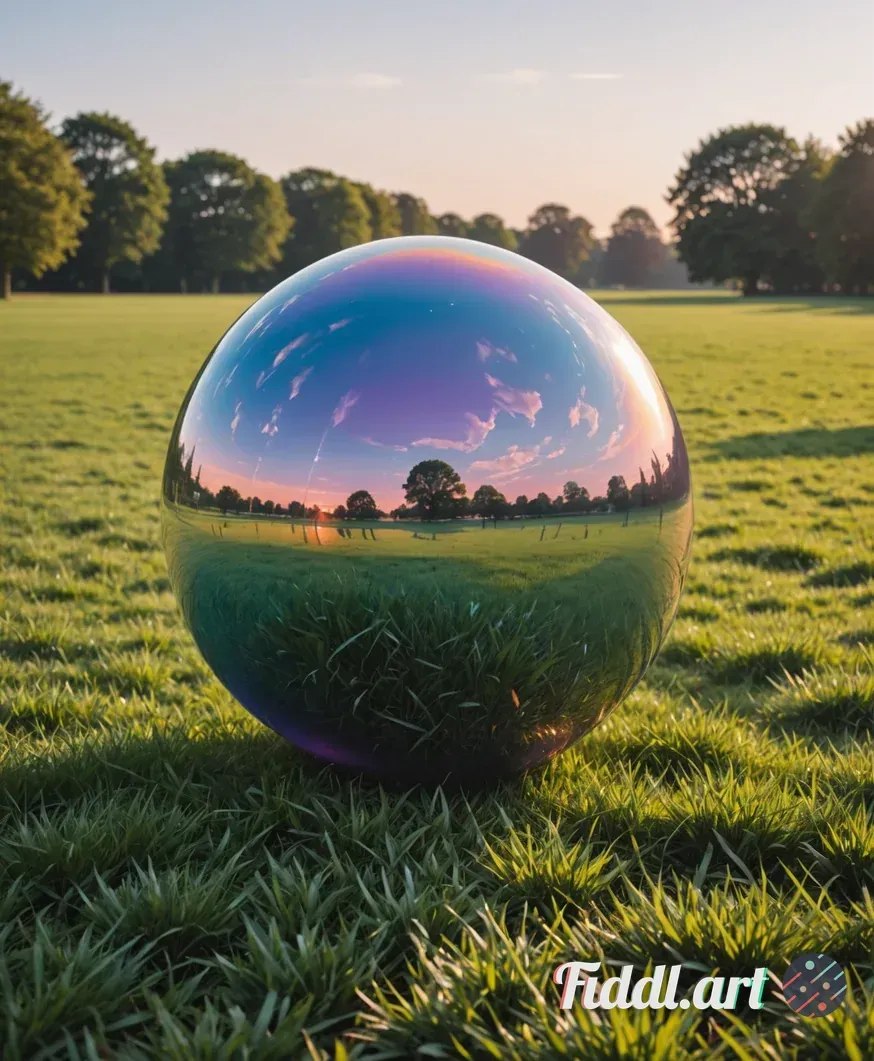 Media Index 0 | highly reflective, giant chrome ball. The iridescent surface shifts between soft orange, silver, pin