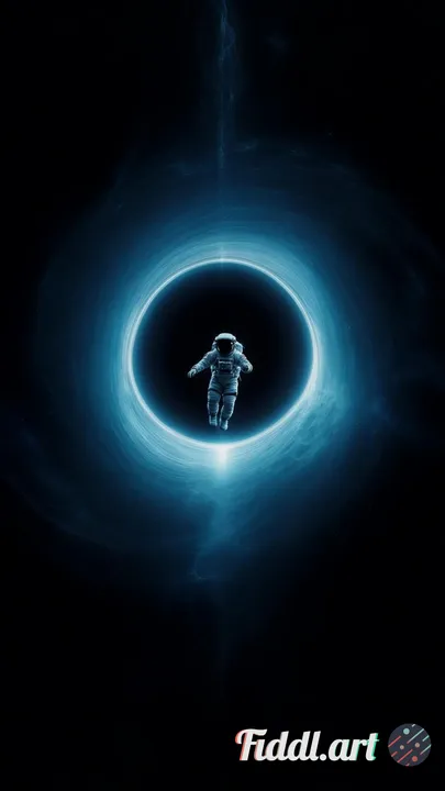 The astronaut is captured from behind, body angled downward as if diving through space toward a lumi