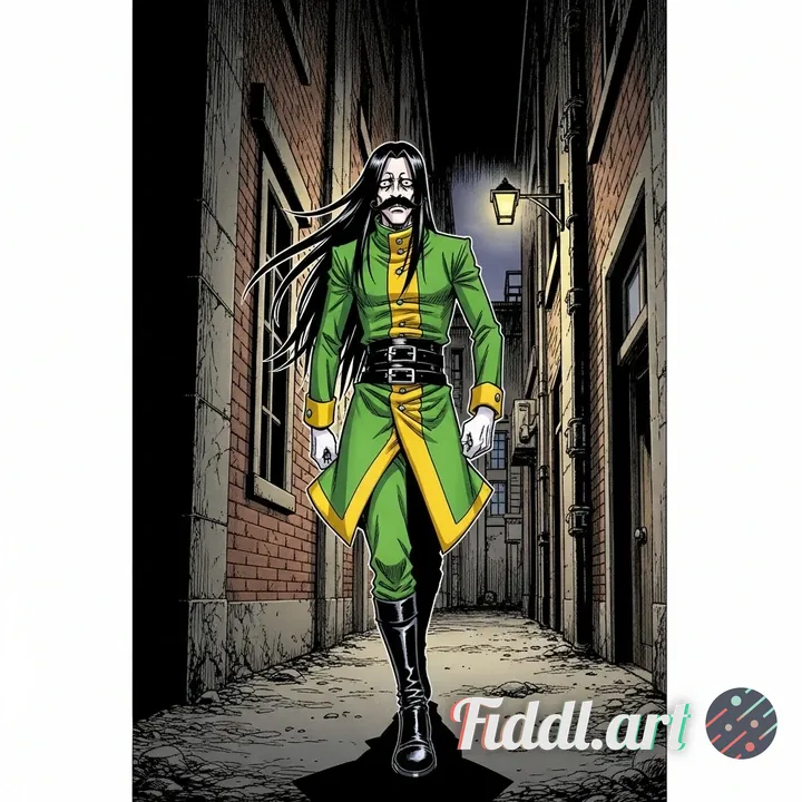 Manga colored image of a very creepy adult man modern-fantasy alchemist with long black hair, thick 