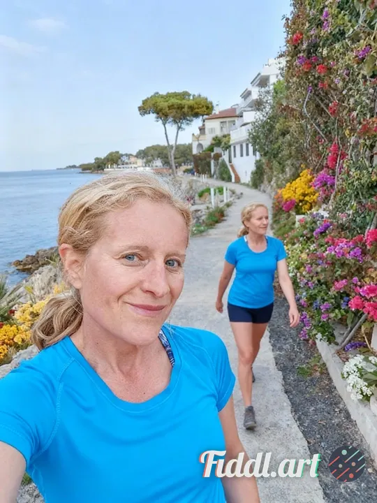 A woman in a blue t-shirt walking at the sea