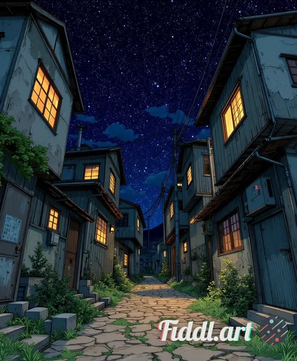 Narrow uphill alley at night with old, dilapidated houses on both sides, peeling paint, rusted metal