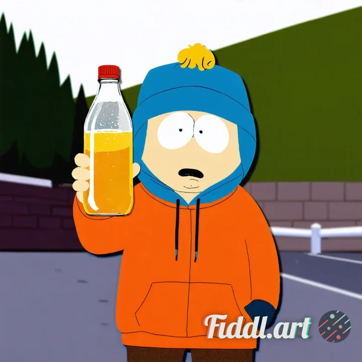 Towlie from South Park on a surron in the UK holding up a square bottle of orange juice