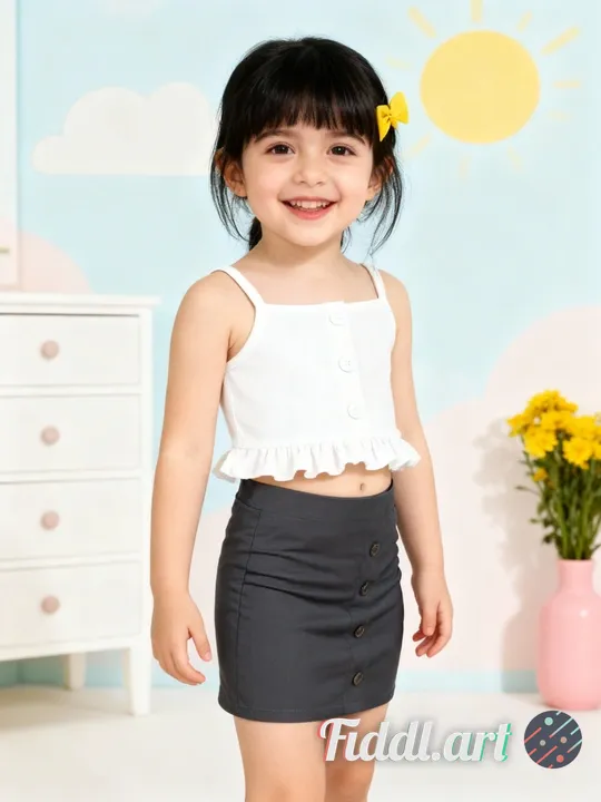 A cheerful indoor scene featuring a full figure of 2-3 years old child standing in a photo studio wi