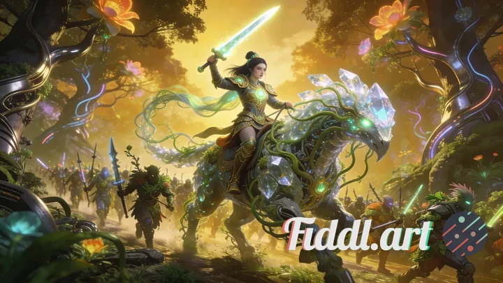 An ancient warrior princess atop a majestic bio-engineered creature, leading her army through a lush