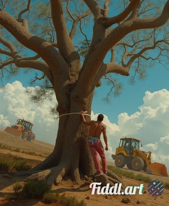 A determined environmental activist binding themselves to a gnarled ancient tree, with looming bulld