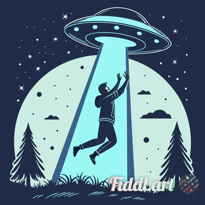 A dramatic alien abduction scene set on a moonlit night, capturing the awe and fear of a human being