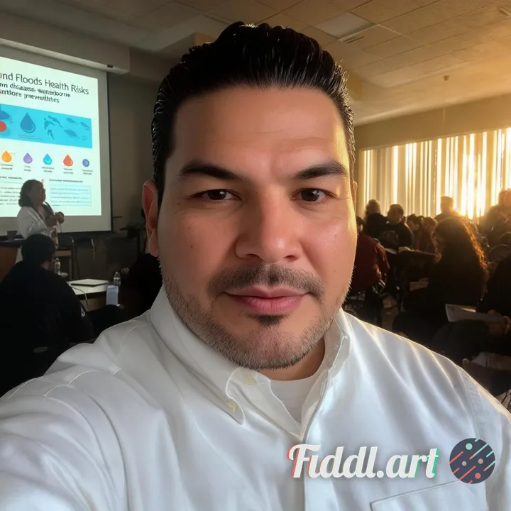 A hyperrealistic photo of Moises, a confident public health expert in his late 30s, standing at a po