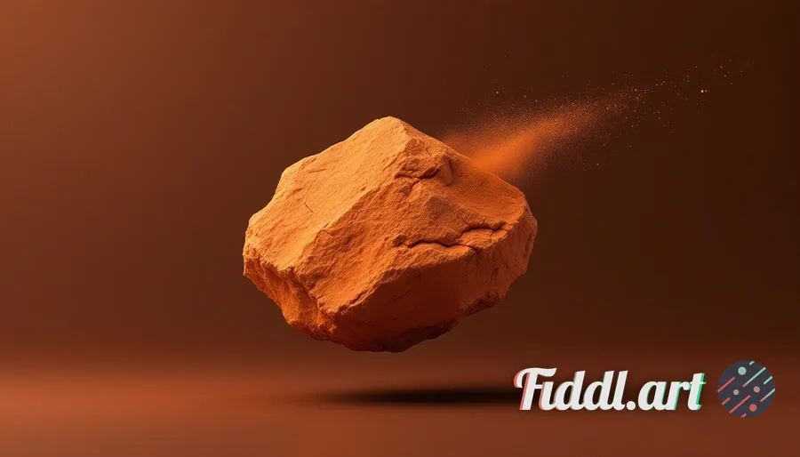 Media Index 0 | A large, textured orange rock floats against a deep brown background. Fine dust particles scatter fr