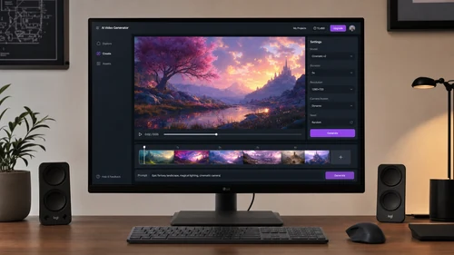 Interface de um software de geração de vídeo com IA mostrando um prompt de texto e a linha do tempo do vídeo gerado em um monitor de computador.
