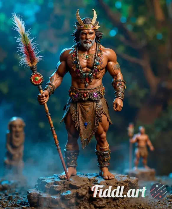 A beautifully detailed action figure of a mystical shaman, showcasing intricate tribal patterns on h