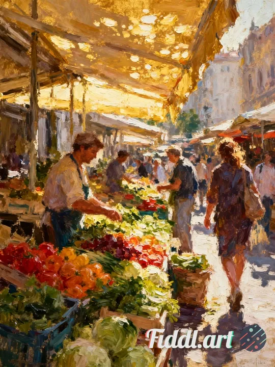A lively city market scene, vendors and shoppers painted loosely, colorful produce blending into vib