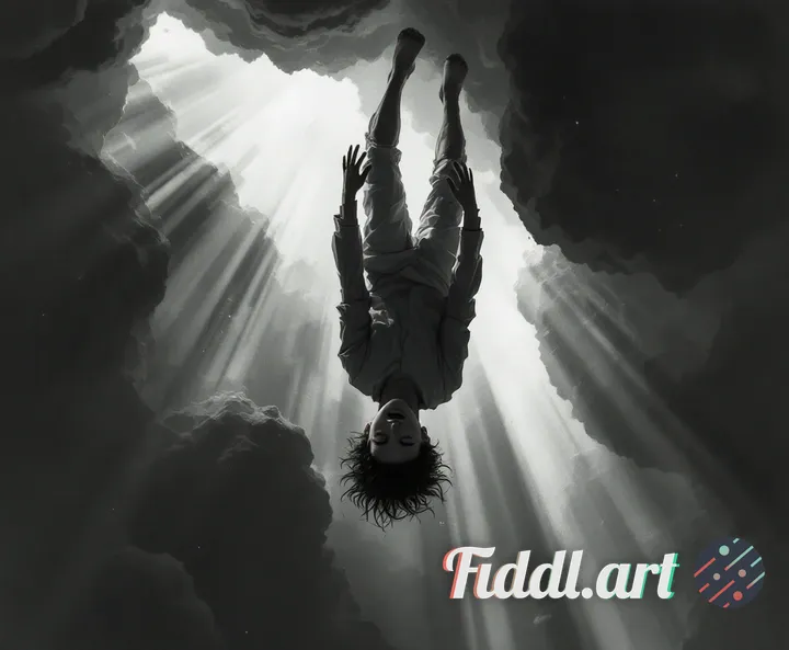 A young boy falling backwards through deep gray dreamspace, limbs floating upward as if submerged in