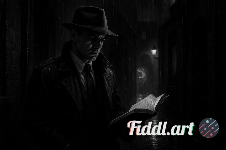 Film noir detective, rain-slicked alley, uncovering forbidden truths, subtle clash of worlds, dramat