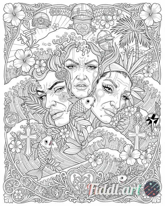 faces and flowers, by Ed Roth, behance contest winner, lowbrow, tattoo sketch of a ocean, with japan