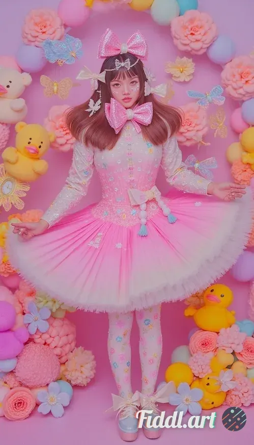 Pop surrealism aesthetic featuring a whimsical, 24-year-old female model inspired by Kyary Pamyu Pam