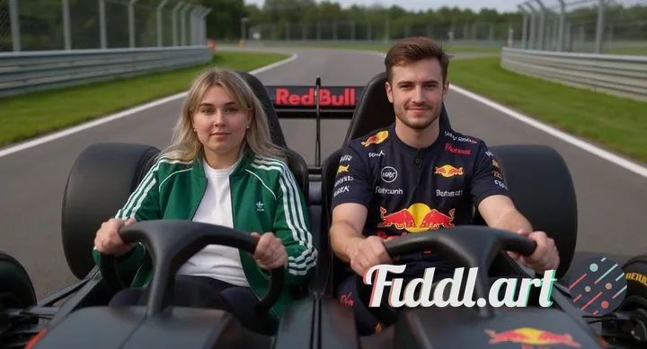 Create a photorealistic image of two people sitting inside a Red Bull Racing Formula 1 car on a raci