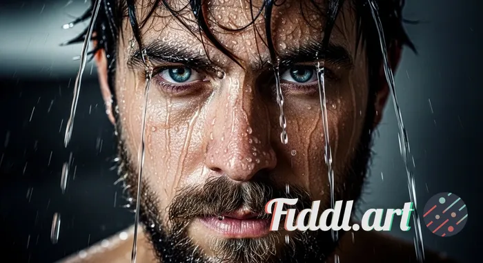 A hyper-realistic, cinematic close-up portrait of a man with piercing blue eyes, his face covered in