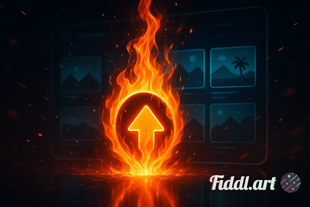 A vibrant, digital concept illustration of an 'upvote' fire icon glowing intensely, igniting a drama
