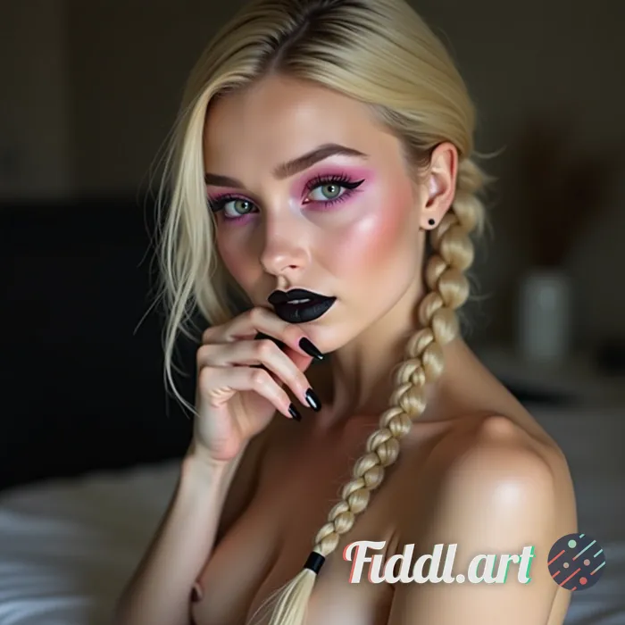 blonde, braided hair,pale skin,full body,pink eyeshadow,black lipstick,plurple eyes, black long nail