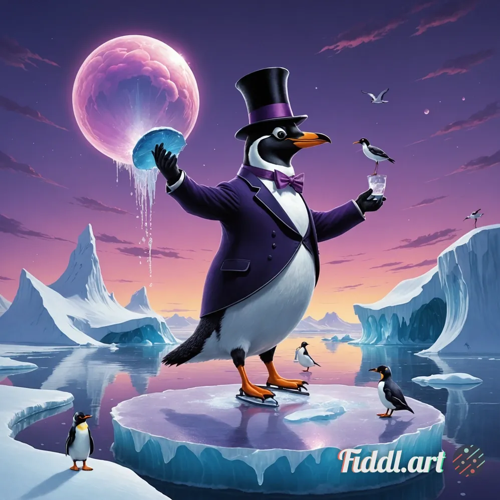 Media Index 0 | A penguin in a bowler hat and monocle ice skating on a giant flamingo-shaped iceberg, encircled by m