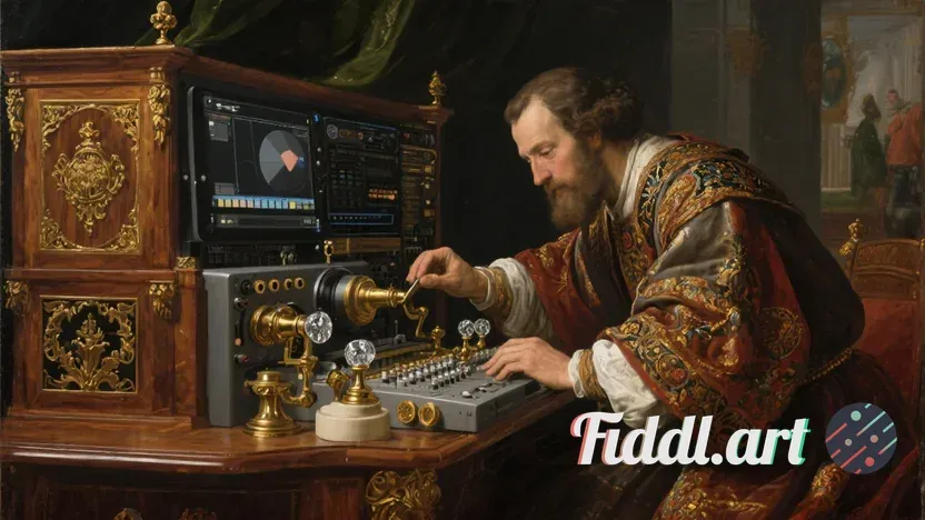Renaissance video editor using a modern AI supercomputer designed with elaborate yet minimalist Vict
