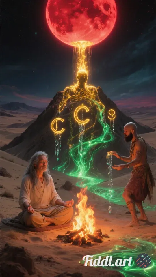 A visionary psychedelic scene unfolds on a desert-like mountaintop beneath a glowing full moon that 