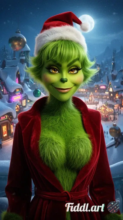 medium shot (chest up), subject ≥ 70–85% of frame, eyes near top third, icy Whoville overlook with c