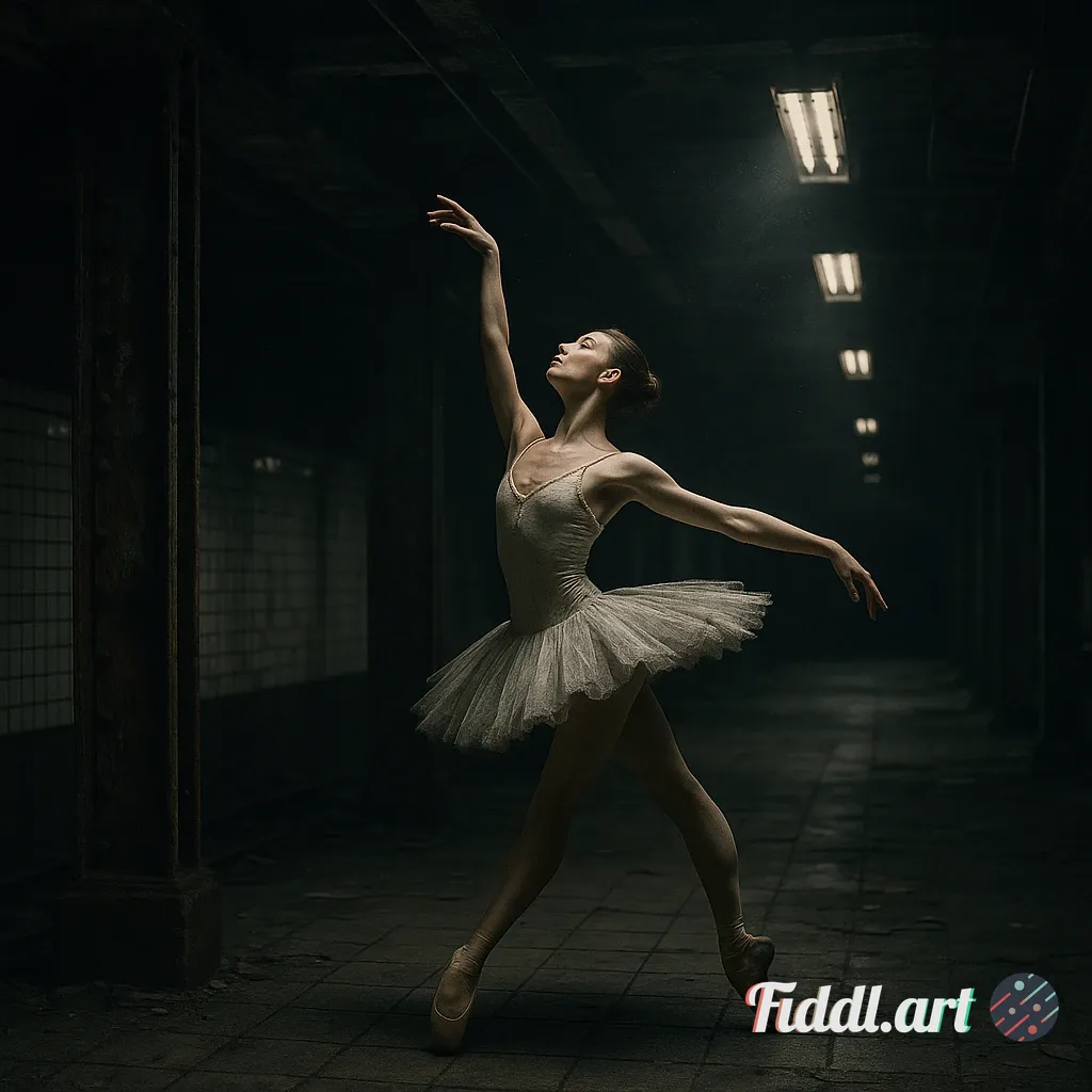 A solitary ballet dancer performs gracefully in an abandoned subway station, her fluid, elegant move