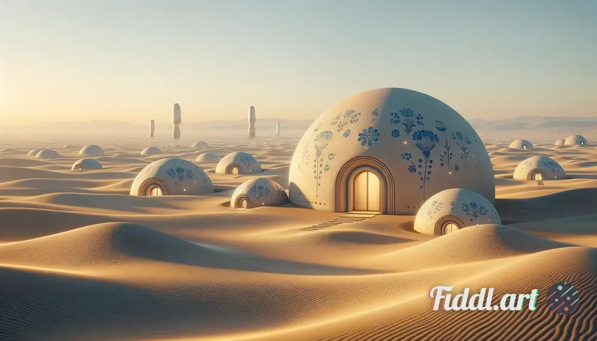 Media Index 0 | A realistic science fiction image of a vast desert landscape under a clear blue sky, filled with sof