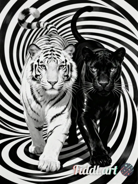 Avant-garde Op Art style, Satin Glossy black Panther and white Bengal Tiger in bold graphic style, f