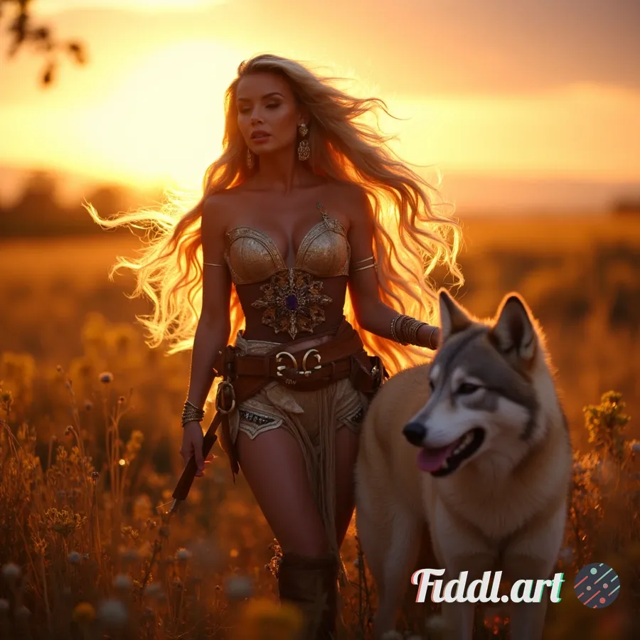 Create images of barbie as a queen warrior goddess fighting at dusk with her warrior wolf dog at the