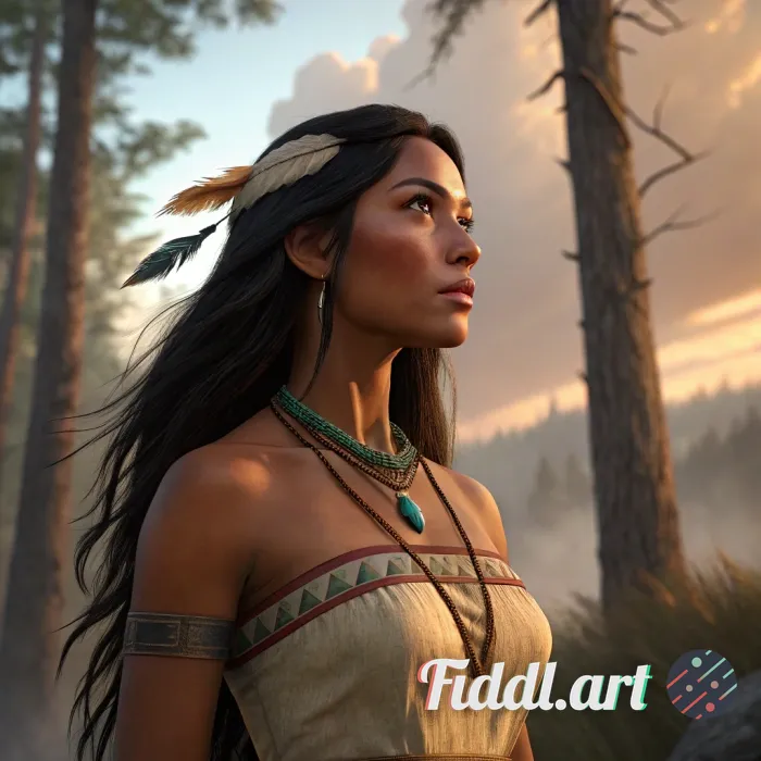 Pocahontas, Cinematic quality, hyper-realistic rendering, rich textures, and high-definition detail.