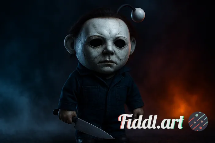 	A hyper-realistic 3D render of a small white cartoon mascot styled as Michael Myers from the Hallow
