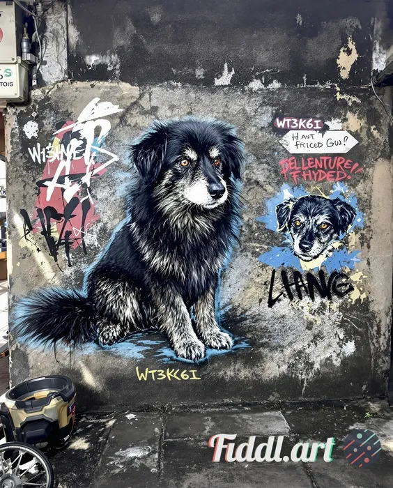 dog as a superhero, high-contrast stencil graffiti, splattered texture, painted on a distressed plas