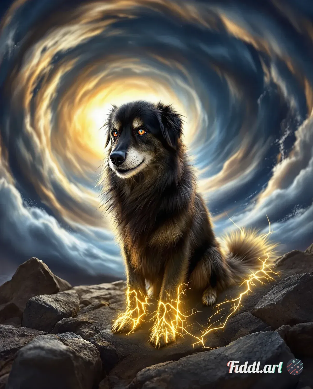 An ultra-realistic depiction of a majestic dog standing confidently in the center of a swirling vort