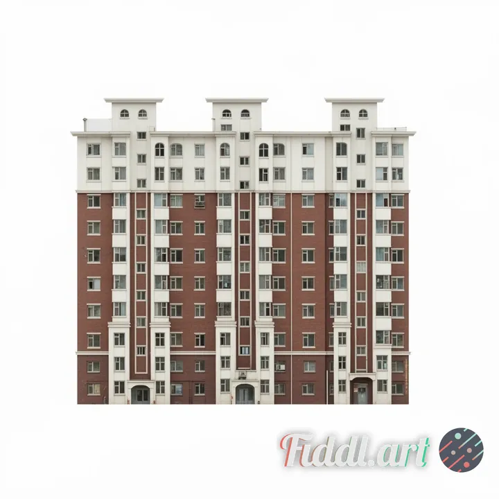 识别图片中主体建筑，输出无透视的正视图，背景白色，如果主体建筑有遮挡，适当的补充