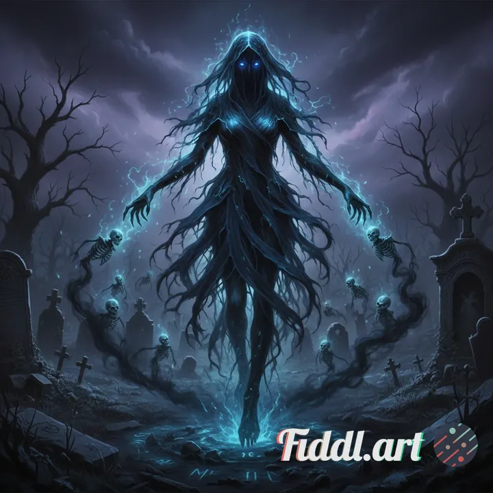 a dark fantasy necromancy spell that looks like a grim banshee made of black and blue energy with a 