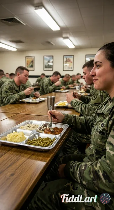 Make me like I am sitting inside a military canteen/mess. 