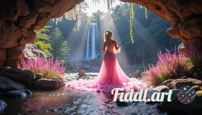 Have Barbie model in A surreal luminous cavern filled with shimmering crystals radiating soft light,